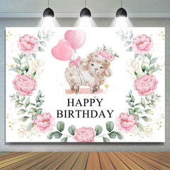 Toile de fond d'anniversaire de ballon rose floral et petit mouton