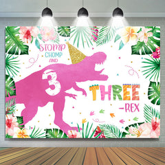 Toile de fond de joyeux 3e anniversaire de la forêt tropicale de dinosaures roses