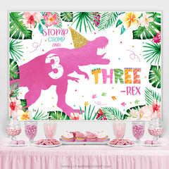 Toile de fond de joyeux 3e anniversaire de la forêt tropicale de dinosaures roses