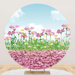 Toile De Fond Ronde De Baby shower De Ciel Floral Rose Et Bleu