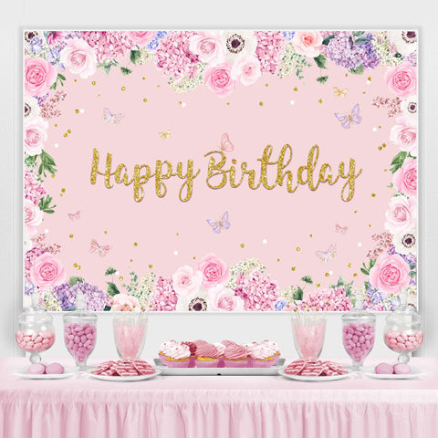 Toile de fond d'anniversaire floral et papillon rose pour fille Toile de fond d'anniversaire floral et papillon rose pour fille