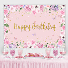 Toile de fond d'anniversaire floral et papillon rose pour fille