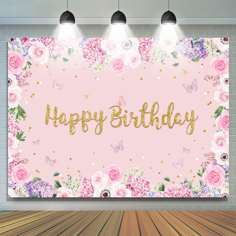 Toile de fond d'anniversaire floral et papillon rose pour fille Toile de fond d'anniversaire floral et papillon rose pour fille