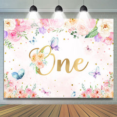 Toile de fond rose floral et papillon joyeux 1er anniversaire
