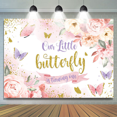 Toile de fond du 1er anniversaire de paillettes florales et papillons roses Toile de fond du 1er anniversaire de paillettes florales et papillons roses