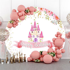 Toile de fond rose floral et chateau rond joyeux anniversaire
