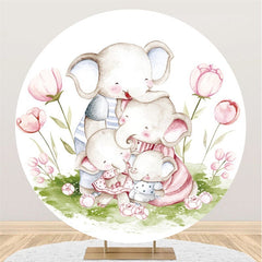 Toile De Fond Ronde De Fête De Bébé De Famille Florale Et D'éléphant Rose