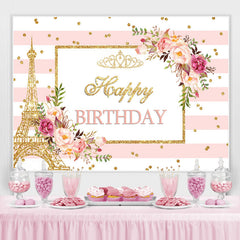 Toile de fond de fête d'anniversaire floral rose et paillettes dorées