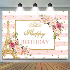 Toile de fond de fête d'anniversaire floral rose et paillettes dorées