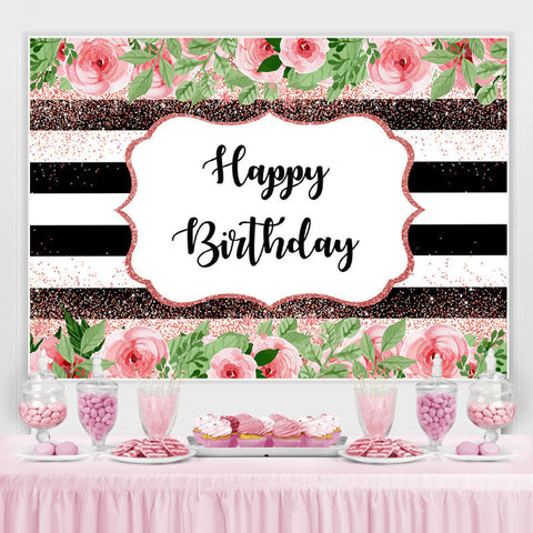Toile de fond d'anniversaire de paillettes de feuilles vertes et florales roses Toile de fond d'anniversaire de paillettes de feuilles vertes et florales roses
