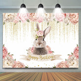 Toile de fond rose floral et lapin paillettes joyeux anniversaire