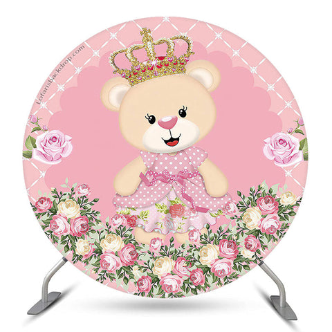Couverture de toile de fond ronde d'anniversaire d'ours floral rose Couverture de toile de fond ronde d'anniversaire d'ours floral rose