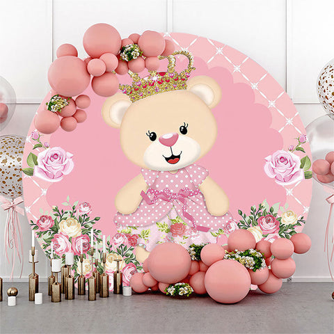 Couverture de toile de fond ronde d'anniversaire d'ours floral rose Couverture de toile de fond ronde d'anniversaire d'ours floral rose