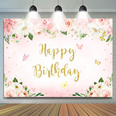 Fond de joyeux anniversaire de paillettes de papillon floral rose