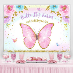Fond de fête joyeux anniversaire papillon floral rose