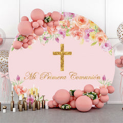 Toile de fond ronde de baptême de croix de communion florale rose