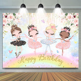 Fond de joyeux anniversaire de fille de danse de paillettes florales roses