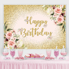 Toile de fond joyeux anniversaire or paillettes florales roses