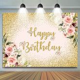 Toile de fond joyeux anniversaire or paillettes florales roses