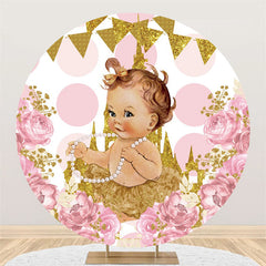 Toile de fond de douche de bébé de château de paillettes d'or floral rose