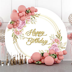 Toile de fond ronde joyeux anniversaire or fleur rose pour la fête