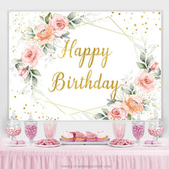 Fleurs roses et toile de fond joyeux anniversaire paillettes d'or
