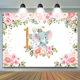 Thème d'éléphant de fleurs roses joyeux 1er anniversaire toile de fond