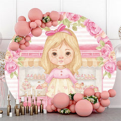 Toile De Fond De Fête D'anniversaire Ronde Fille Rose Et Magasin De Gâteaux