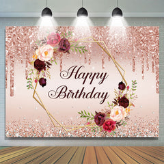 Paillettes roses et toile de fond de fête joyeux anniversaire floral
