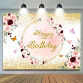 Toile de fond joyeux anniversaire papillon floral rose Gloden