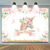 Toile de fond de joyeux anniversaire de paillettes d'or floral de licorne rose