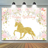 Toile de fond d'anniversaire d'animal de cheval d'or de fleur blanche rose