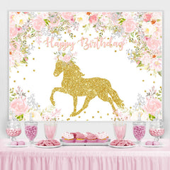 Toile de fond d'anniversaire d'animal de cheval d'or de fleur blanche rose