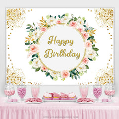 Toile de fond de joyeux anniversaire de paillettes d'or flral rose blanc