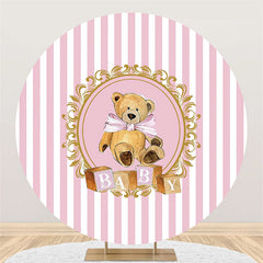 Toile de fond ronde de fête de naissance de nounours kaki à rayures blanches roses