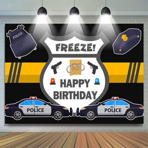 Voiture de police et pistolet joyeux anniversaire toile de fond pour garçon Voiture de police et pistolet joyeux anniversaire toile de fond pour garçon