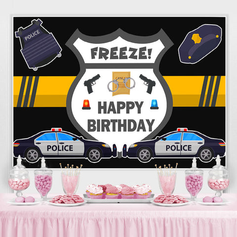 Voiture de police et pistolet joyeux anniversaire toile de fond pour garçon Voiture de police et pistolet joyeux anniversaire toile de fond pour garçon