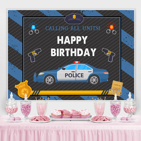 Voiture de police avec fond de joyeux anniversaire bleu et noir Voiture de police avec fond de joyeux anniversaire bleu et noir