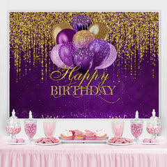 Fond de joyeux anniversaire de paillettes d'or de ballons violets