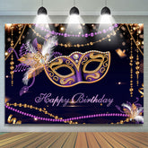 Toile de fond joyeux anniversaire mascarade or noir violet
