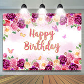 Toile de fond violet floral et papillon joyeux anniversaire