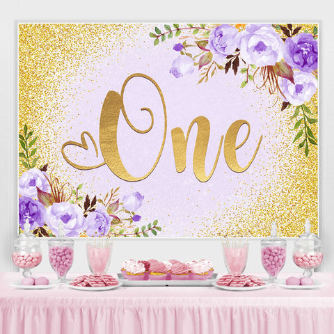 Toile de fond 1er anniversaire violet floral et paillettes dorées Toile de fond 1er anniversaire violet floral et paillettes dorées