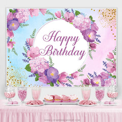 Bannière de fond de joyeux anniversaire à paillettes florales violettes