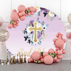 Toile de fond ronde pour fête prénatale, or floral violet, Dieu bénisse