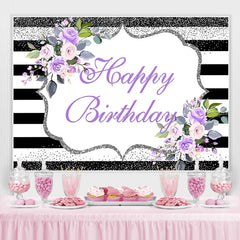 Violet Floral Joyeux Anniversaire Glitter Stripes Party Toile de Fond