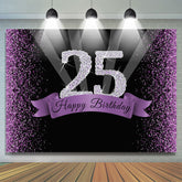Paillettes violettes et toile de fond noire joyeux 25e anniversaire