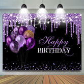 Ballons à paillettes violettes Toile de fond joyeux anniversaire noir