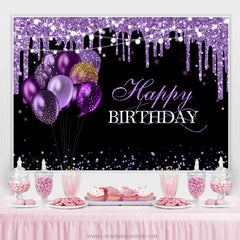 Ballons à paillettes violettes Toile de fond joyeux anniversaire noir