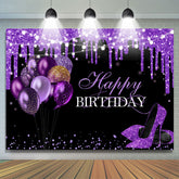 Ballons violets paillettes talons joyeux anniversaire toile de fond