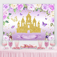 Fleurs scintillantes violettes et toile de fond d'anniversaire de château